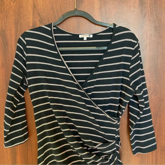 ANTHROPOLOGIE Sundry Fabian Shirt Dress Faux Wrap Gathered Striped Size Medium - Picture 4 of 8